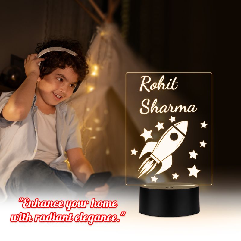 Customized Rocket Themed Illusion Lamp with  Warm white Glow LED Night Light with Black Base Birthday Return Gift for Son, Daughter & Kids